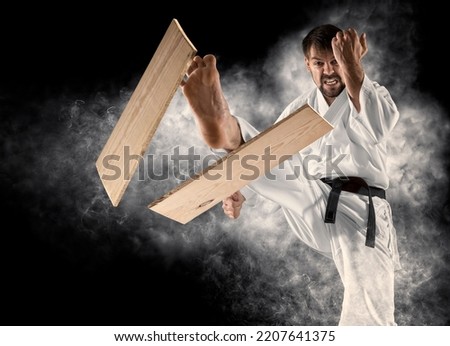 Karate masters breaking with leg wooden board. Smoke background  Royalty-Free Stock Photo #2207641375