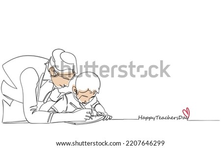 World Teachers Day October 5. Teacher helping a little student learn writing. Classroom line art vector graphic Background. Rights of teachers awareness. Kind Cool mature teacher. Students mentor  Royalty-Free Stock Photo #2207646299