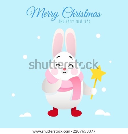 White cute bunny with a magic wand in honor of the celebration of christmas and new year