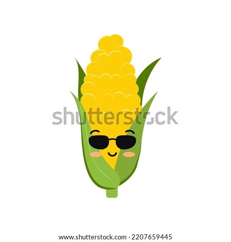 Cute corn cob wearing sunglasses funny cool cartoon baby snack character vector icon. Flat design kawaii maize emoji with face illustration isolated on white background. Sweetcorn kids mascot. Royalty-Free Stock Photo #2207659445