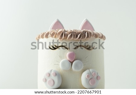 Birthday cake wth white cream cheese frosting decorated with mastic cat ears, paws and face. Surprise cake for a little girl on white background