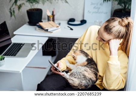 Woman freelance or procrastinate at workplace at home office. Self-employed businesswoman with cat distracted from work on laptop scrolling social media on smartphone. Royalty-Free Stock Photo #2207685239