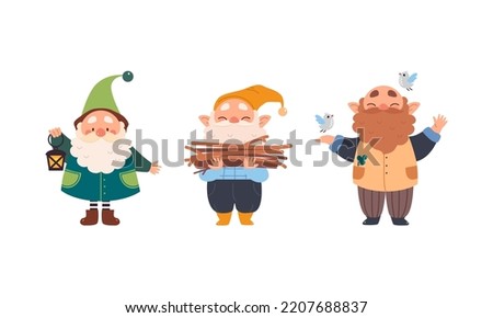 Set of garden gnomes. Cute beaded friendly dwarfs fairy tale characters cartoon vector illustration Royalty-Free Stock Photo #2207688837
