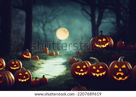 halloween background with spooky pumpkin jack-o-lanterns at night