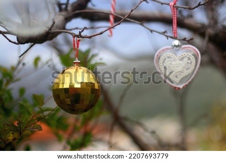 Bare tree in the garden, decorated with colorful Christmas ornaments. Selective focus.