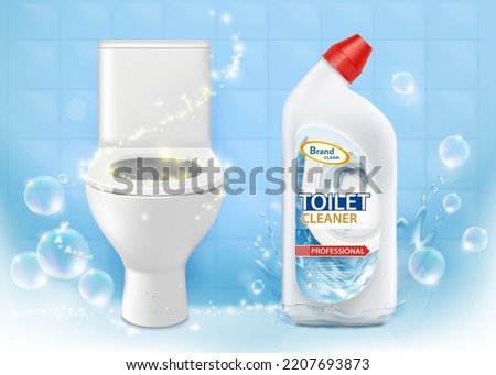 Toilet cleaner next to a clean toilet bowl. Bottle with detergent liquid. vector illustration. Royalty-Free Stock Photo #2207693873