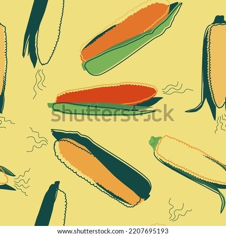 Pattern minimalist linear illustration, gradient corn cob with green leaves. Food and agriculture design element.