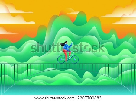 A girl rides a bicycle on a bridge over a river. Green mountain nature. Sunset. Empty space for text. Illustration with trendy noises. 