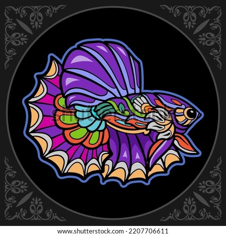 Colorful Betta fish mandala arts isolated on black background