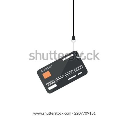 Hacker steals credit card with fishing rod. Flat Vector cartoon character. internet thief. isolated on white background.
