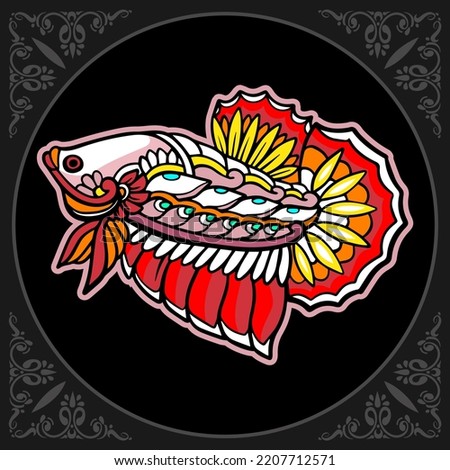 Illustration of Colorful Betta fish mandala arts isolated on black background
