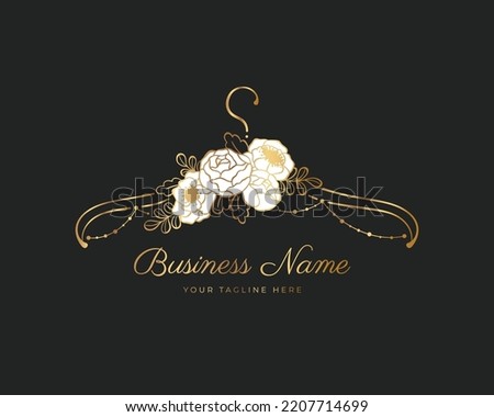Hanger logo design with white roses and peonies . Element for Atelier, wedding boutique, women's clothing store and fashion designer Royalty-Free Stock Photo #2207714699