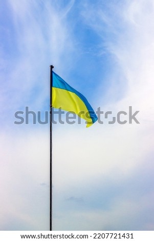 the flag of Ukraine against the background of the blue sky. Vertical. Place for text