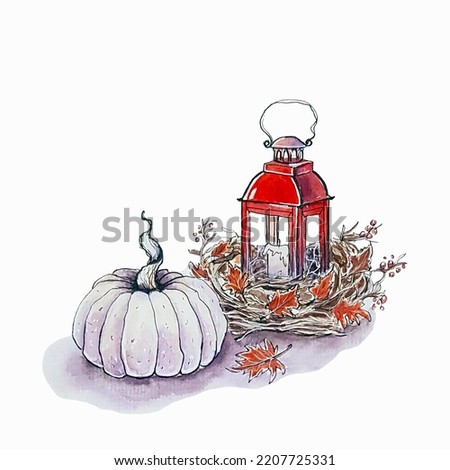 A hand-drawn watercolor drawing. A red oil lamp, a lantern and a white pumpkin.