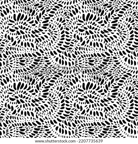Sketchy hand-drawn blots seamless pattern. Black vector dots texture background. Blots in wave shapes. Organic maze lines pattern. Monochrome wavy ornament. Brush drawn black strokes, small points. 