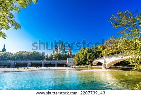 St. Luke's Church Lukaskirche - and isar river in summer landscape of Munich, Bavaria, Germany Royalty-Free Stock Photo #2207739143