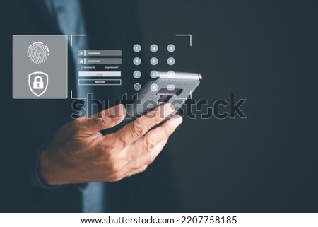 businessman login privacy through online authentication technology with fingerprint data For protection cybersecurity Network approved connection verification with password and identity verification Royalty-Free Stock Photo #2207758185