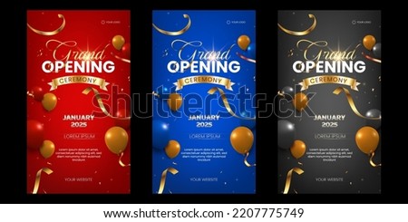 Grand opening luxury banner social media stories collection with golden ribbon and glossy balloons Royalty-Free Stock Photo #2207775749