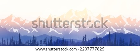 Sunrise in the mountains, panoramic view, vector illustration