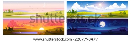 Cartoon nature landscape day time set. Pond at green field with bushes at early morning, evening sunset and night with moon. Scenery background with lake, natural scenes, Vector illustration, set Royalty-Free Stock Photo #2207798479