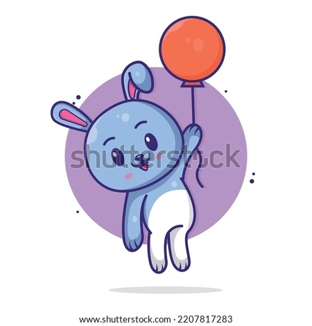 cute rabbit flying with balloon. cartoon vector icon illustration