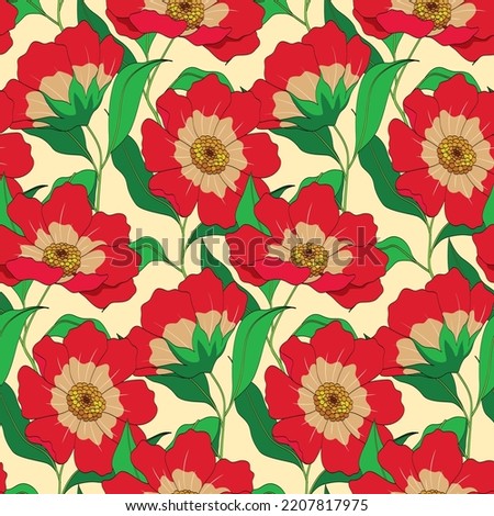 Seamless pattern, retro style floral print with large wild flowers on a light background. Beautiful botanical design with decorative art hand drawn flowers on stems with leaves. Vector illustration.
