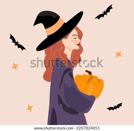 Vector illustration for Halloween. A redhead girl in a pointed hat and with a pumpkin in her hands. There are bats around her. Halloween postcard witch with a pumpkin.  A sack for social networks Royalty-Free Stock Photo #2207824051
