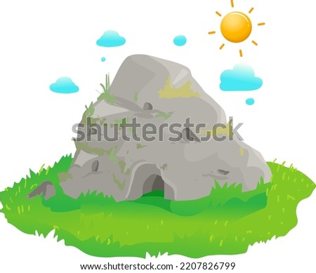 Illustration of a Big Rock on Grass with Entrance Serving as an Animal Habitat for Wildlife