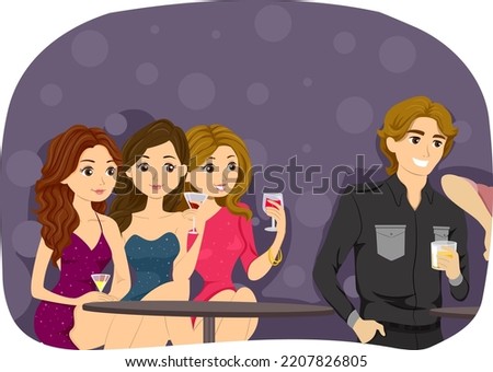 Illustration of Teen Girls Wearing Dresses Holding Drinks and Looking at a Guy in the Bar