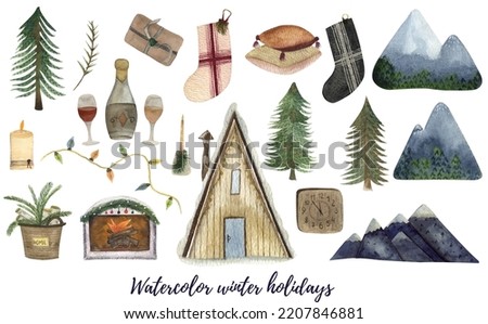 Watercolor big set of winter holidays in mountains. Winter activities vacation. Isolated on a white background. Great for different prints, advertisement, promotions, designs, print in a big resolutio