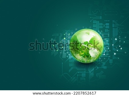 Natural World in changing to digital technology era time concept, Glass earth and green grass inside on digital graphic art binary numbers dark background