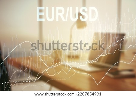 Creative EURO USD financial graph illustration on modern computer background, forex and currency concept. Multiexposure