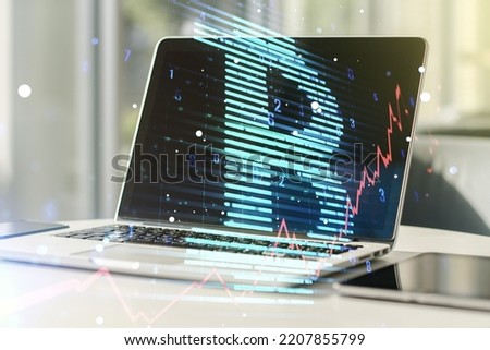 Creative Bitcoin concept with modern laptop background. Multiexposure