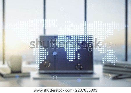 Abstract creative digital world map on modern computer background, globalization concept. Multiexposure