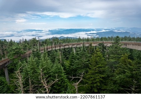 Great Smoky Mountain National Park. Ramps for the Clingmans Dome Observation tower rise through the fog, clouds and spruce fir coniferous rainforest.  Royalty-Free Stock Photo #2207861137