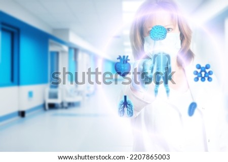 online medicine, Medical technology, health and treatment, Doctor with digital tablet and human organ models, online medical communication and future research