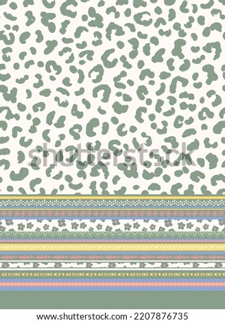 Sage green leopard seamless repeat pattern with floral and bohemian border print. Vector, animal skin all over surface print with striped bottom on white background.