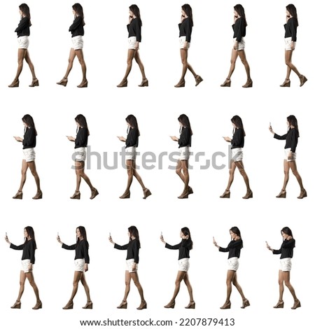 Side view of stylish business woman walking talking on the cellphone and using phone collages. Set of full body women isolated on white background.