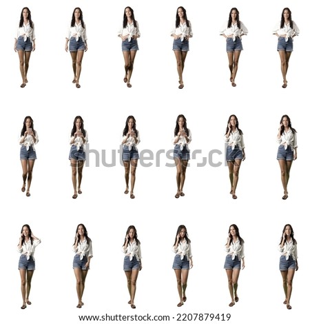 Summer style young women in jean shorts walking, using phone and talking on the phone. Set of full body women isolated on white background. Royalty-Free Stock Photo #2207879419