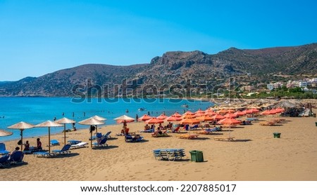 View of traditional greek village and beach Paleochora, Crete, Greece. Scenic panoramic picture of Paleochora village and beach in island Crete, Greece.