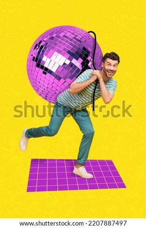 Composite collage picture image of excited funny funky man carry big glossy bright disco ball party maker agency have fun stole decoration