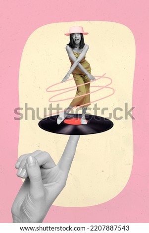 Creative abstract template collage of funny crazy young woman dancing hand hold finger spinning vinyl recorder vintage retro music lovers Royalty-Free Stock Photo #2207887543