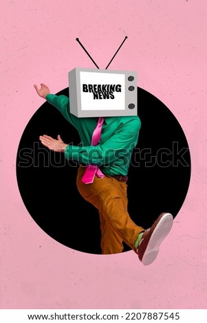 Vertical collage picture of walking person step hole retro tv instead head breaking news screen isolated on drawing background