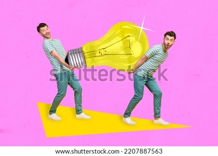 Creative drawing collage picture of two excited man carry big electric lighting bulb have brilliant idea scientists invention business plan