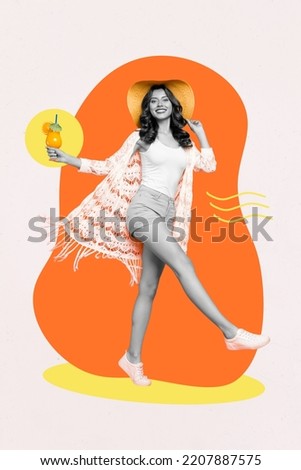 Composite collage picture image of attractive funny happy woman enjoy summer vacation beach resort clothes sunbathe fresh cocktail juice