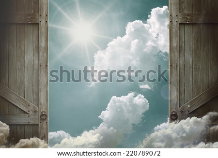 wooden doors open to heaven sky     
