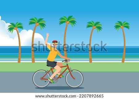 Smiling caucasian man cycling on a bicycle with blue sky, sea and palm trees in the background. Image illustration of the resort