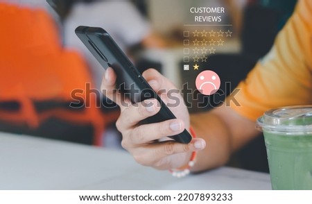 Unhappy businessman client with sadness emotion face on smartphone screen customer experience dissatisfied concept, , bad review, bad service dislike bad quality, low rating, social media not good.