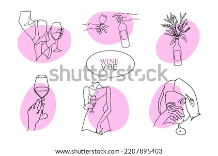 One line drawings with wine aesthetic, vector gentle illustration set woman's body isolated on white background