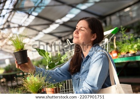 Cheerful woman holding two pots with home plants and deciding wich to choose.Shopping in greenhouse.Selective focus.